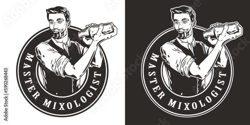 Bartender with shaker for bartending. Barman with beard and mustache for cocktail bar