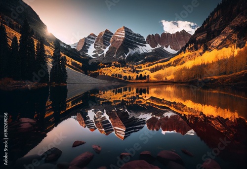 Autumn sunrise over Maroon Bells, Aspen. Stunning mountains, yellow foliage, and winter snow. Panoramic view. Generative AI #590269036