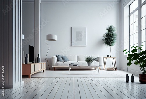 Minimalist living room with white flooring inspired by Japanese design. Generative AI