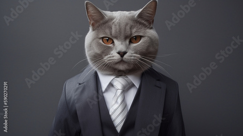 Portrait of a grey cat in a suit on a gray background © Daniel
