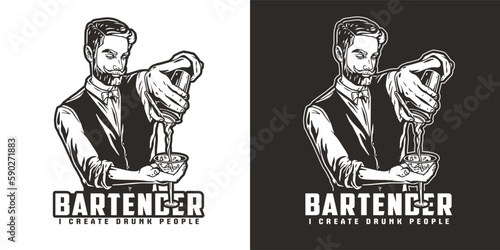 Barman with shaker and martini for bartending. Barkeepr or bartender with beard and mustache for cocktail bar.