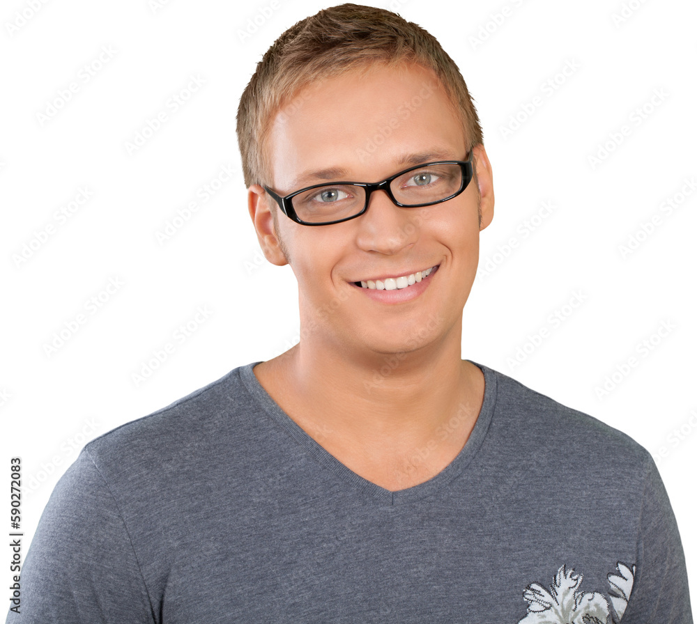Portrait photograph of a caucasian man in glasses smiling Portrait photograph of a caucasian man in glasses smiling