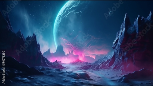 Pastel colored neon laser lights on alien planet with ice and fog. Colorful galaxy in outer space Generative AI photo