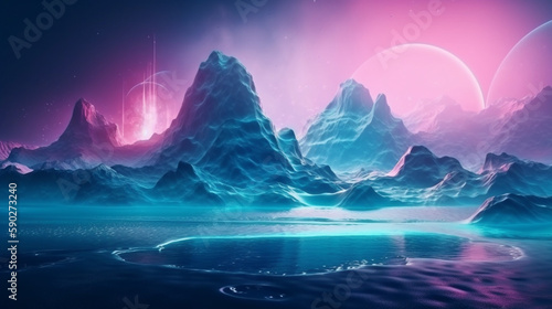 Pastel colored neon laser lights on alien planet with ice and fog. Colorful galaxy in outer space Generative AI photo