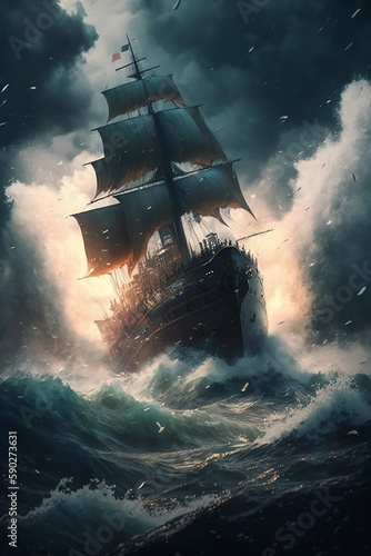 Fotografia A ship captain navigates a treacherous storm on the high seas, trying to keep their vessel afloat
