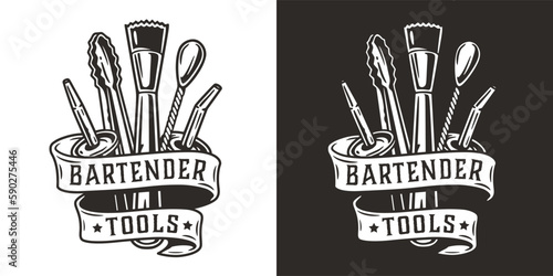 Bartending tools with ribbon for bartending shop. Chromed metal equipment or cocktail bar tools for barman store