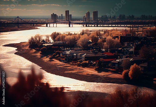 An image showing the city of Richmond, BC with a view of the Fraser River. Generative AI
