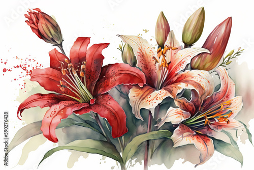 Generative AI. A branch close-up of a red Lilies flowers. Watercolor painting illustration, isolated on white background. photo