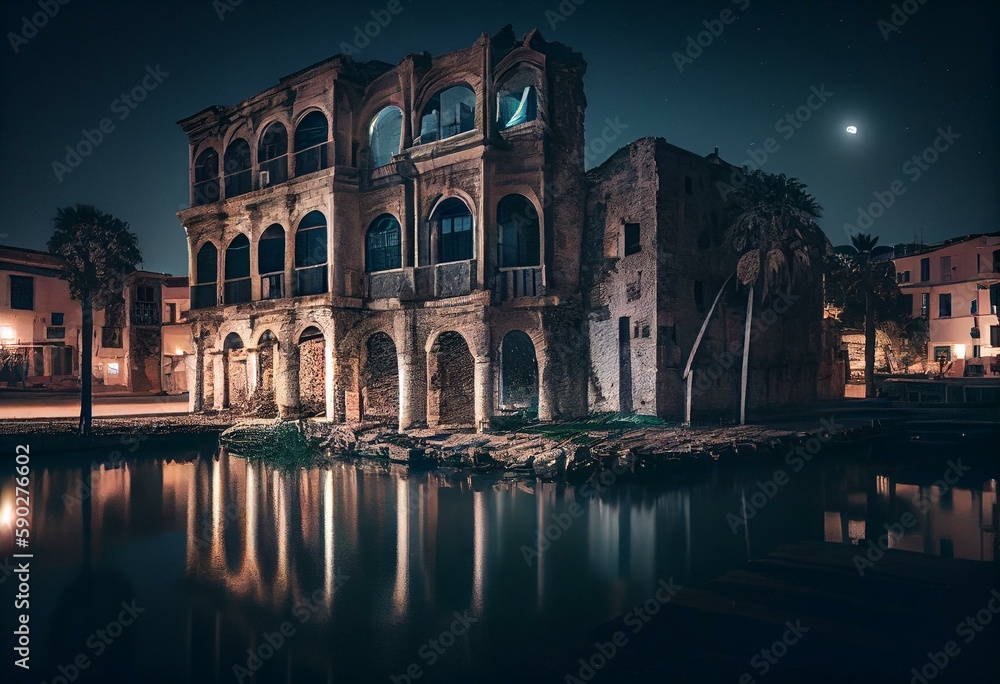 Ancient buildings at night near Valencia Harbor in Spain. Generative AI