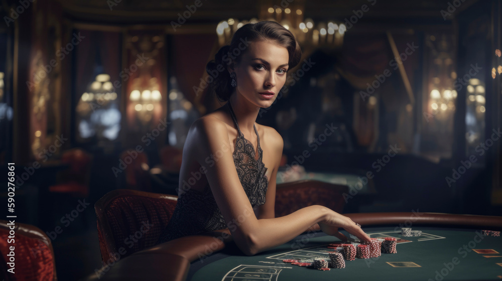 Elegant and beautiful woman in the casino next to a betting table - obrazy, fototapety, plakaty 