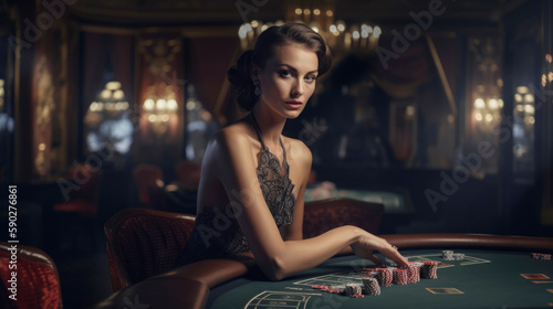 Elegant and beautiful woman in the casino next to a betting table