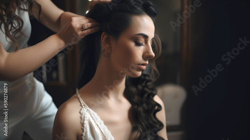 Hairdresser doing an elegant hairstyle to the bride with accessories with jewelery on her wedding day in a relaxed and intimate atmosphere. Illustration. Generative AI