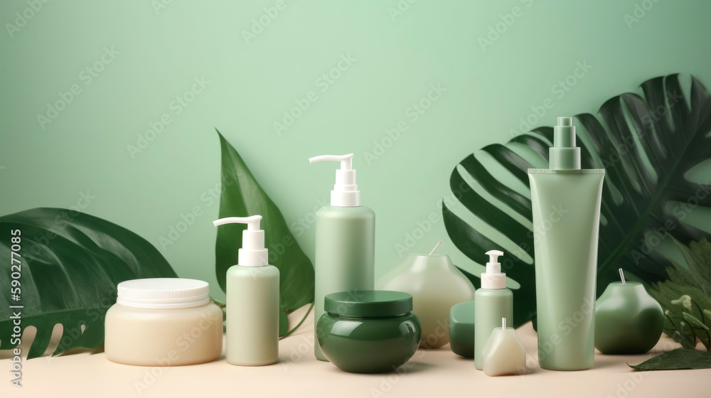 modern minimalist corporate identity, product packaging mockups for a natural cosmetics business in green tones background. Illustration, Generative AI