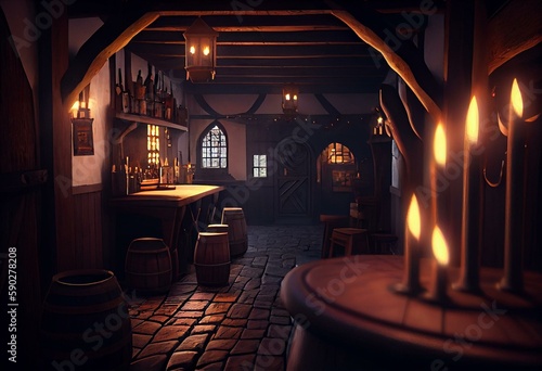 A medieval tavern features candlelight, wooden beams, a stone floor, and beer barrels behind the bar. Rendered in 3D. Generative AI