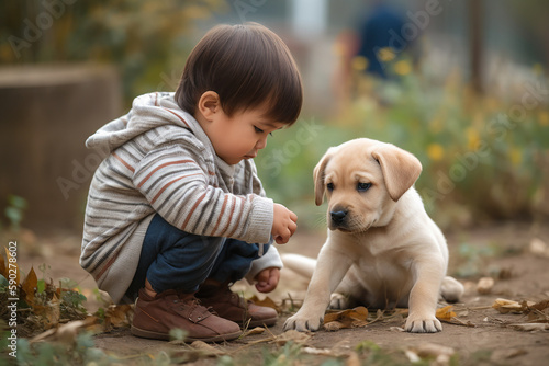 Cute little boy playing with small puppy. Generative AI