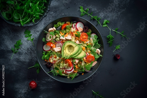 Avocado, radish, tomatoes, green salad, top view. Generative AI