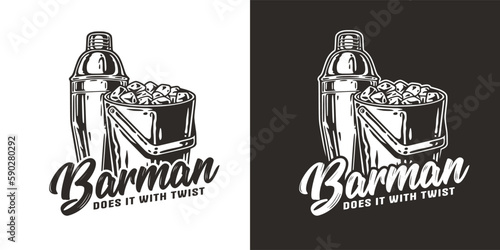 Bartending design with shaker and ice for cocktail bar and bartender or barman