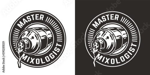 Bartender cocktail shaker for bartending. Chromed metal boston shaker for master mixologist or barman of cocktail bar.