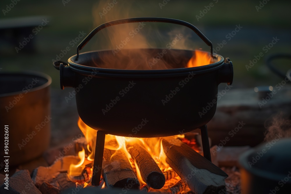 tourist cauldron with cooked food on fire against the background of nature. Generative ai tourist cauldron with cooked food on fire against the background of nature. Generative ai