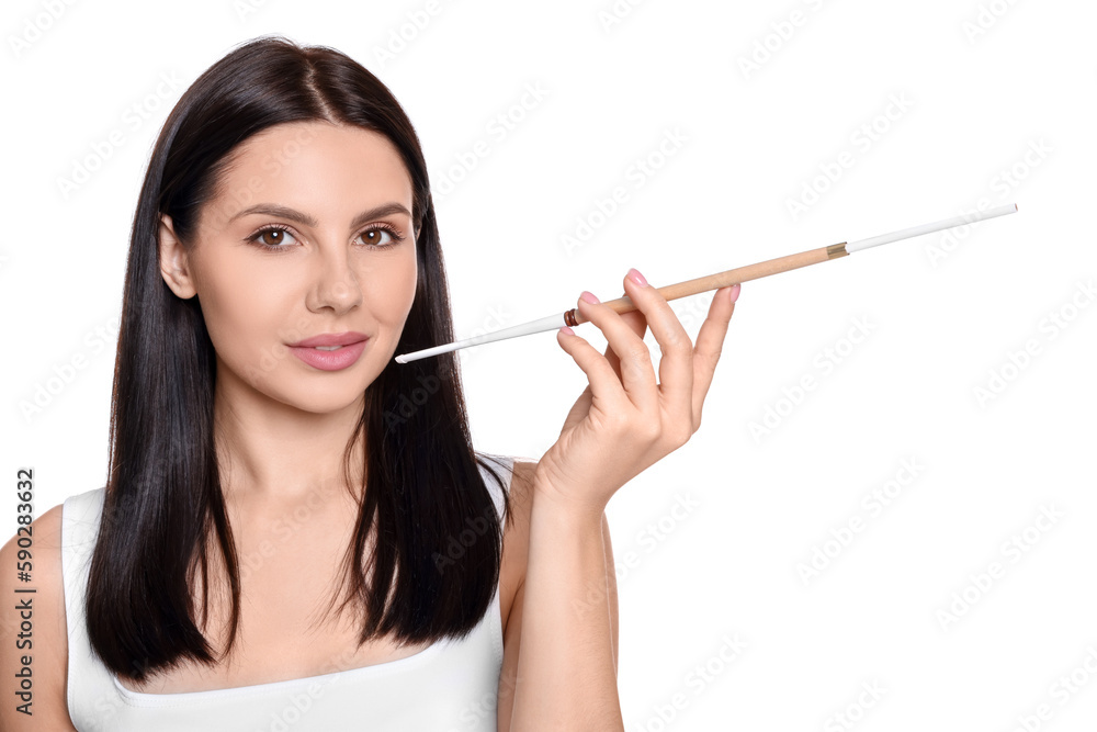 Woman using long cigarette holder for smoking isolated on white Woman using long cigarette holder for smoking isolated on white