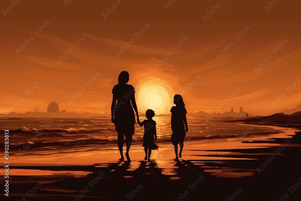 mother and two kids walking on sand beach at sunset  Generative AI