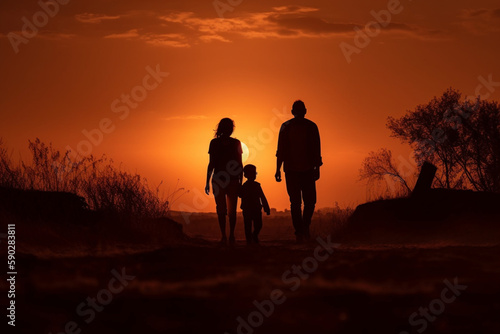 Mother, father and son Silhouettes walking together at sunset Generative AI