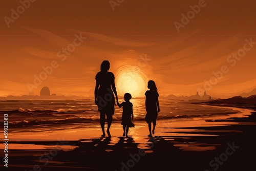 mother and two kids walking on sand beach at sunset Generative AI