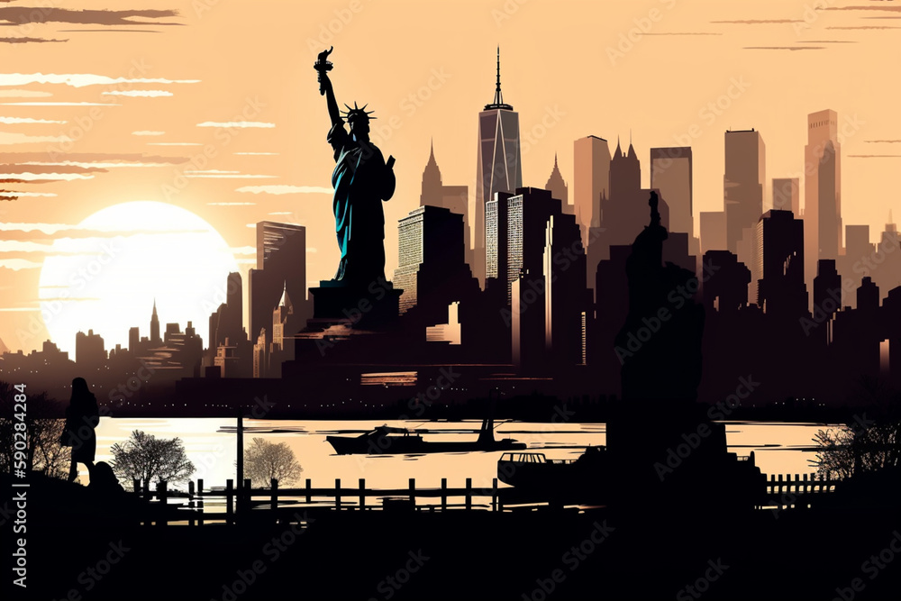 Statue of Liberty, Silhouettes downtown Manhattan skyline Generative AI