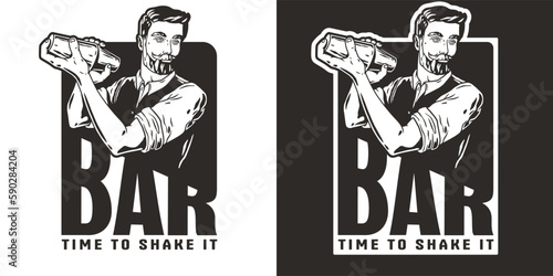 Bartender with shaker for bartending. Barman with beard and mustache for cocktail bar
