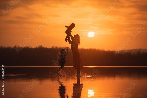 Silhouette of mother and daughter lifting child in air over scenic sunset sky at riverside Generative AI