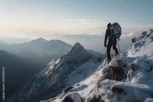 A man with backpack standing on top cliff with snowy mountain view during sunset. Generative ai © Oleksandr Kozak