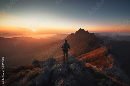A man with backpack standing on top cliff with mountain view during sunset. Generative ai