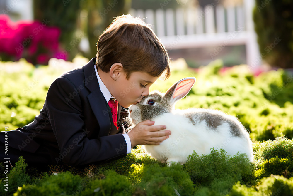 Happy child with cute Easter bunny rabbit, Spring season. Generative AI Happy child with cute Easter bunny rabbit, Spring season. Generative AI