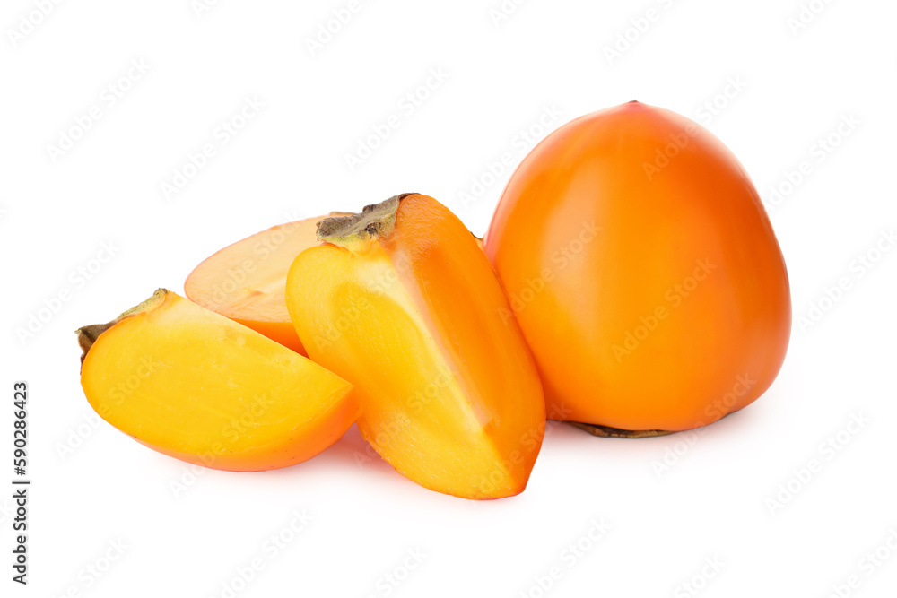 Whole and cut delicious ripe juicy persimmons on white background