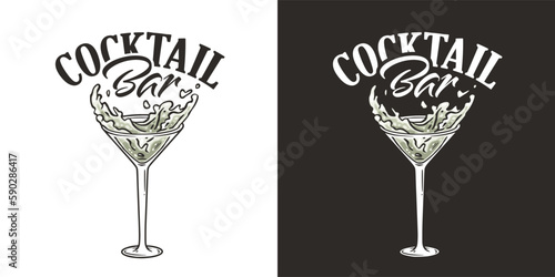 Martini vector with olives and splashes for alcohol cocktail bar or drink party. Logo design with glass of martini for bartender or barman