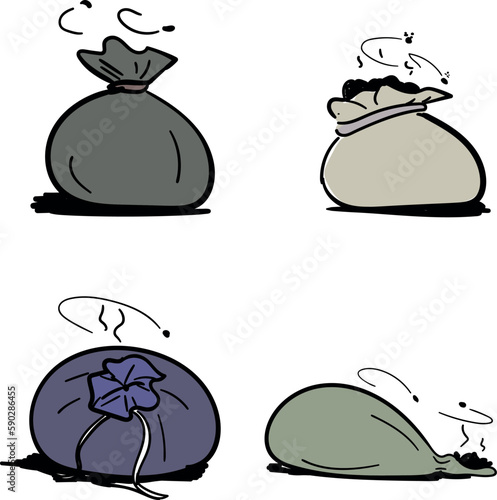 Various garbage bags exuding a smell. Tiny flies fly over objects.