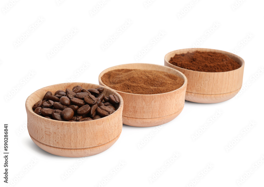 Bowls of beans, instant and ground coffee on white background Bowls of beans, instant and ground coffee on white background