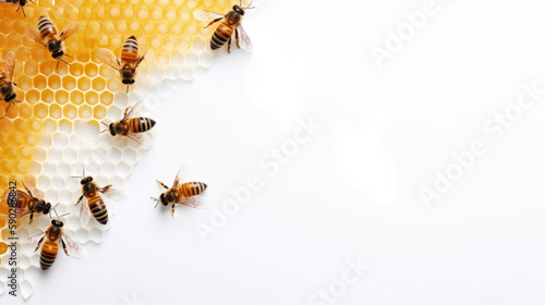 Beehive honeycomb border with honey bees, on a white background. Illustration created with Generative AI technology.