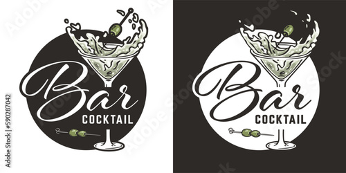 Martini vector with olives and splashes for alcohol cocktail bar or drink party. Logo design with glass of martini for bartender or barman