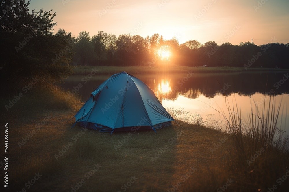 Blue camper tent with a lake in the background during sunset. Generative AI