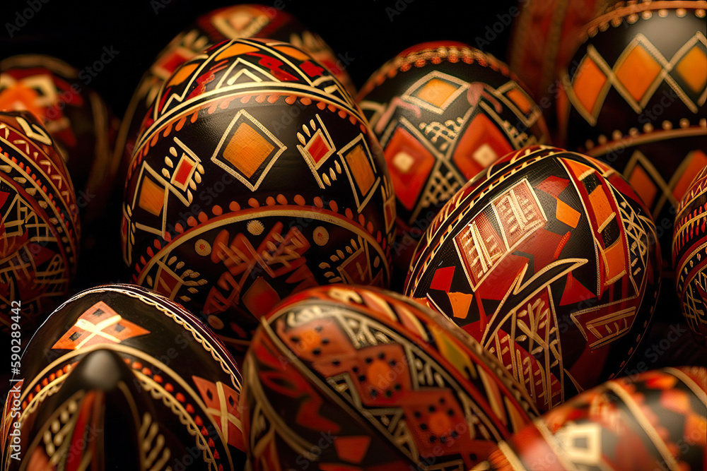 Brown and orange pysanky Easter eggs, hand decorated, painted. Generative AI