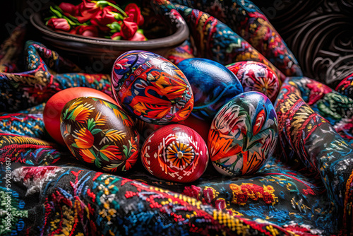 Colorful pysanky Easter eggs, hand decorated, painted. Generative AI © Sunshower Shots
