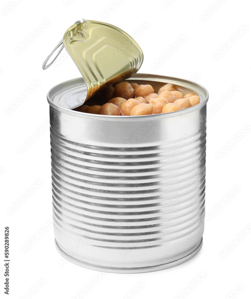 Open tin can of chickpeas isolated on white Open tin can of chickpeas isolated on white