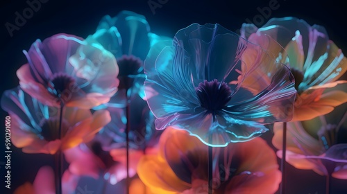 Abstract 3D flowers in pastel colors on a neon background for a futuristic wallpaper. Generative AI