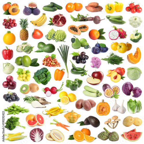 Many fresh fruits and vegetables on white background, collage design