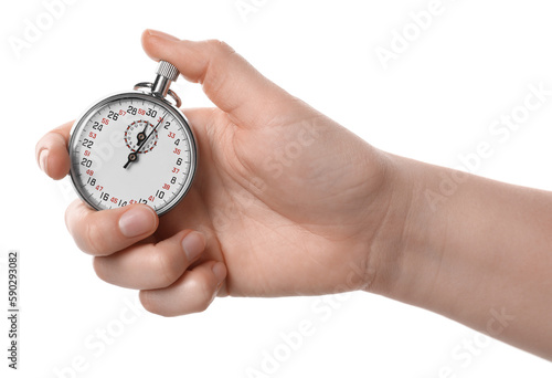 Woman holding vintage timer on white background, closeup