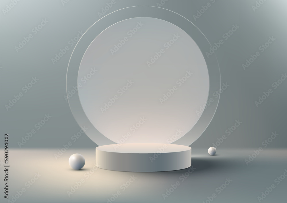 3D realistic modern style empty white podium platform decoration with white ball and circle transparent glass backdrop on blue background 3D realistic modern style empty white podium platform decoration with white ball and circle transparent glass backdrop on blue background