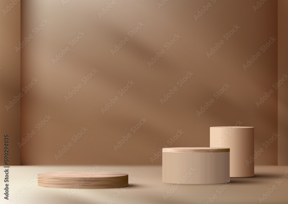 3D realistic top of wood surface podium platform stand minimal wall scene on beige background 3D realistic top of wood surface podium platform stand minimal wall scene on beige background