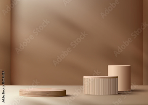 3D realistic top of wood surface podium platform stand minimal wall scene on beige background © rarinlada