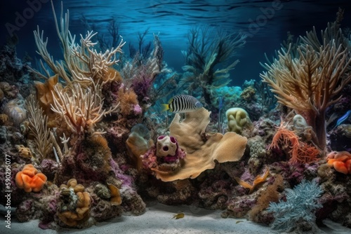 An underwater scene with colorful coral reefs